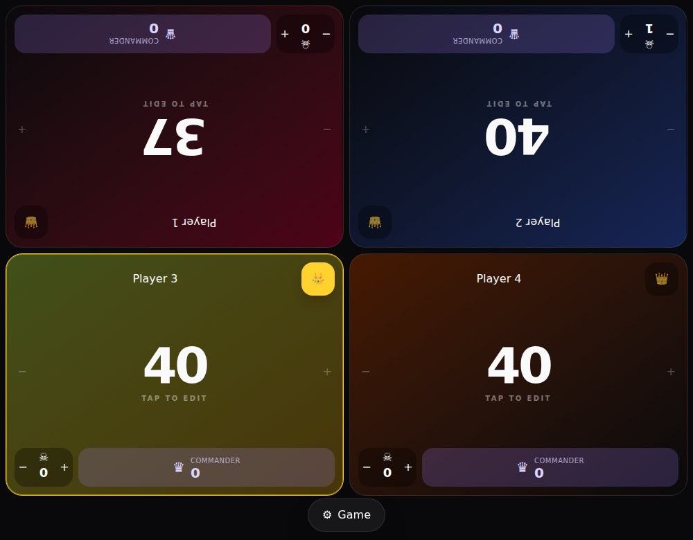 The Pod TCG game board with four color-coded Commander players, life totals, poison counters, commander damage, and a monarch indicator.